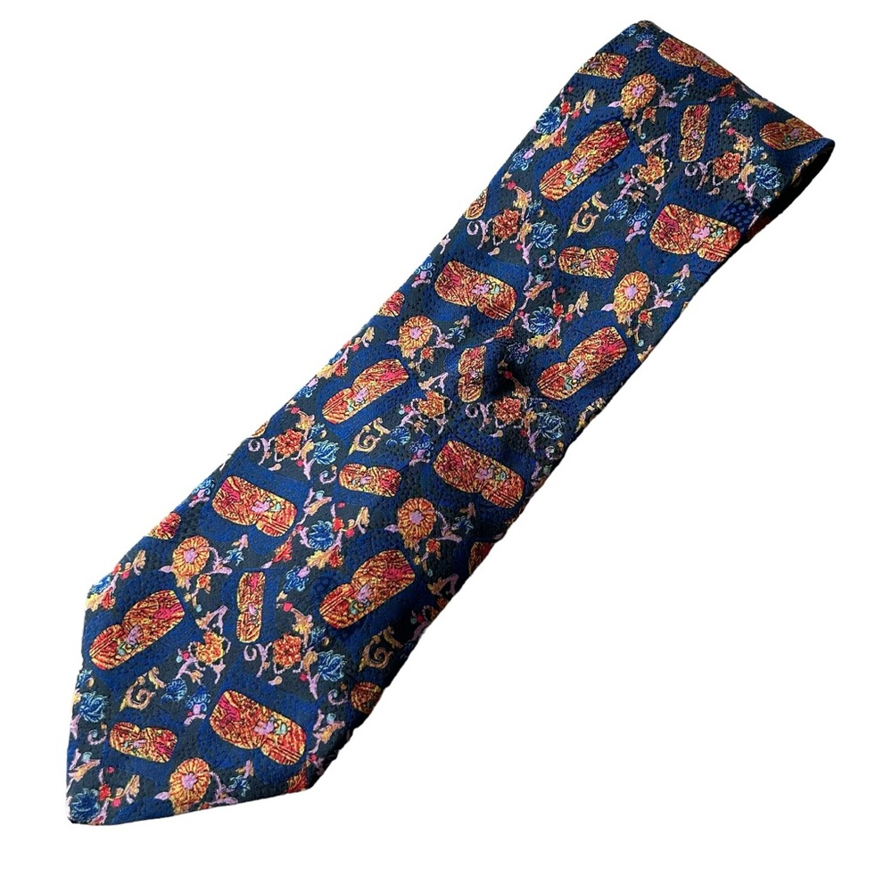 Brioni Men’s Silk Neck Tie Carnival Mask Print Blue Mardi Gras Maximalist Bold